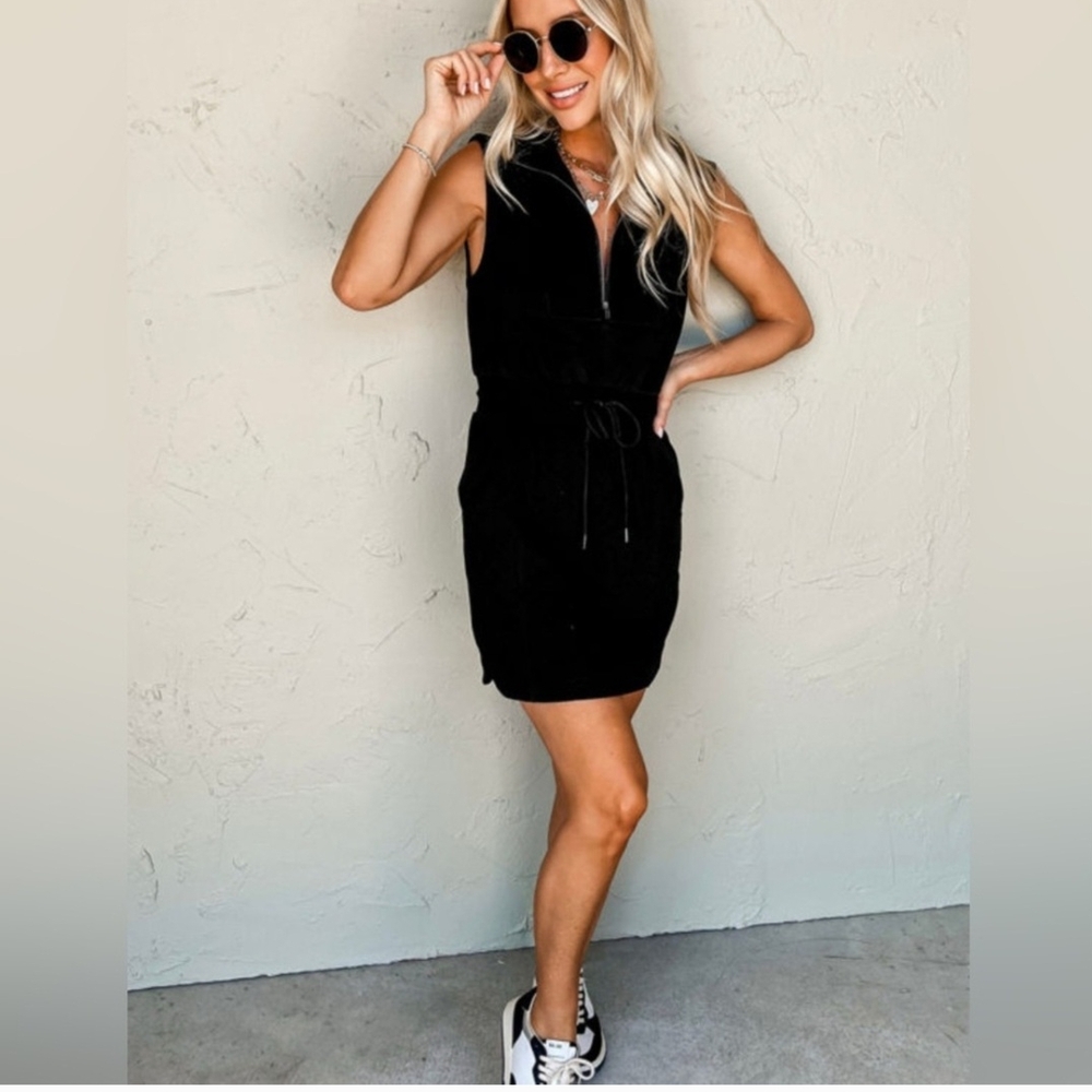 Casual Black Zipped Polo Collar Drawstring Mini Dress - Picture 10 of 10